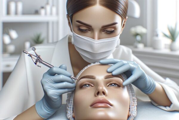 Close-up of professional aesthetician performing microblading in a modern, minimalist beauty salon.