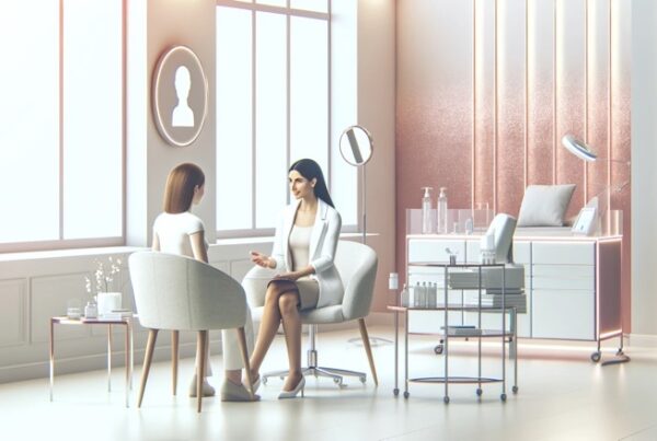 Consultation in a sleek, modern medical clinic with two women discussing fat freezing treatments in a bright, welcoming environment.