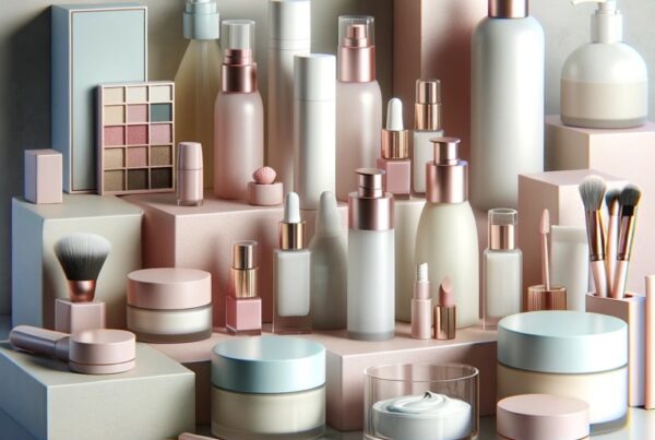 Array of beauty products in light and pink hues for a luxury beauty brand.