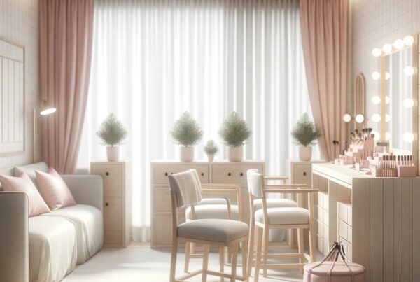 Cozy beauty salon interior with simple and neat furnishings and light pink accents.