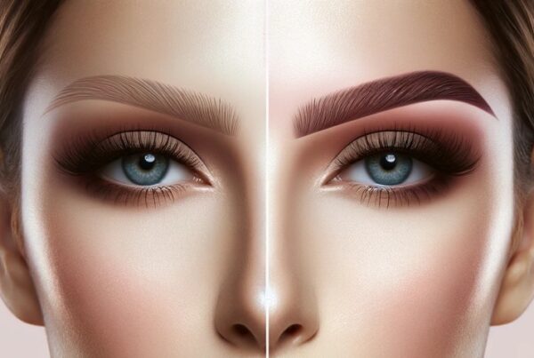 Close-up of a face highlighting the difference between Ombré brows on one side and Microblading on the other.