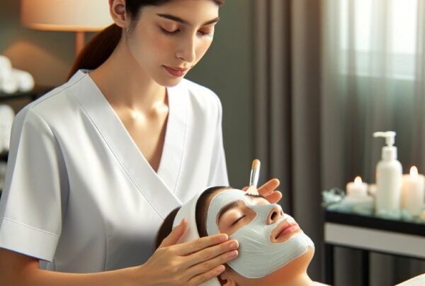 Professional aesthetician applying facial mask to client in a serene spa setting.