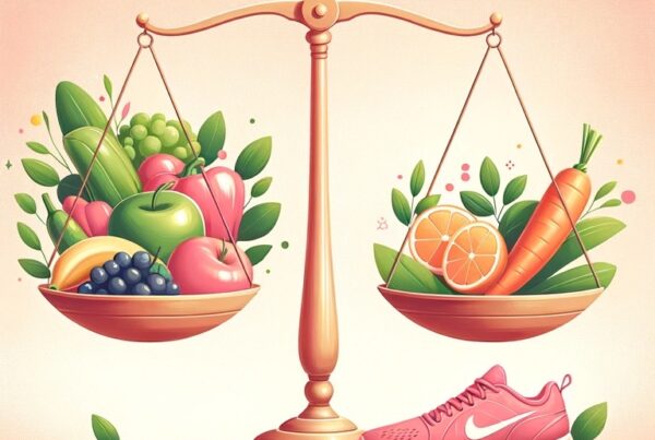 A balance scale with fruits and vegetables on one side, and running shoes on the other, symbolizing weight loss through diet and exercise.